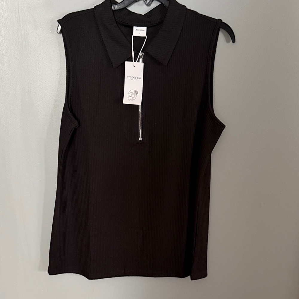 Sleeveless Ribbed Polo Top - Black